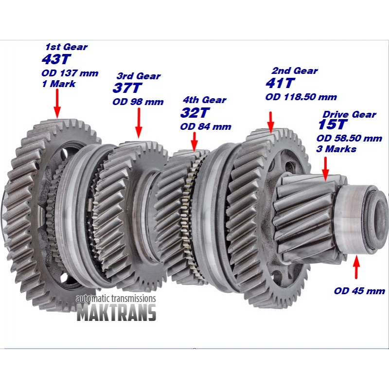 Abtriebswelle Nr. 1 Abtriebswelle 1 DCT450 (MPS6) Differentialantriebsrad 15T, Außendurchmesser 58,50 mm, 3 Markierung; 2. (41T, Außendurchmesser 118,50 mm); 4. (32 Außendurchmesser 84 mm); 3. (37T, AD 98mm); 1. (43T, Außendurchmesser 137 mm, 1 Markierung