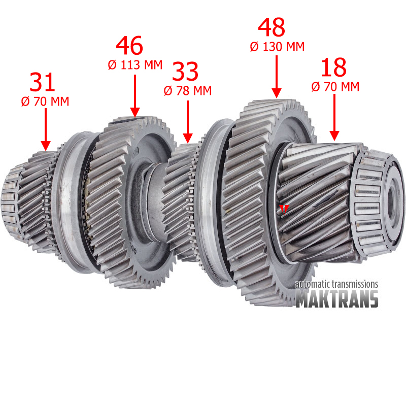 Abtriebswelle des Differenzialantriebs Nr. 2 VAG DSG DQ500 0BT, 0BH — 18 (Ø 70 mm), 48 (Ø 130 mm), 33 (Ø 78 mm), 46 (Ø 113 mm), 31 (Ø 70 mm)