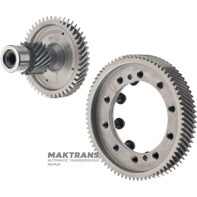 Hauptpaar (78-19 Zähne) des Differentials MAZDA CW6A-EL, EW6A-EL — Zwischenwelle 19 Zähne (Außen-Ø 50,30 mm), 46 Zähne (Außen-Ø 127,35 mm), Differentialtellerrad 78 Zähne (Außen-Ø 186,65 mm)
