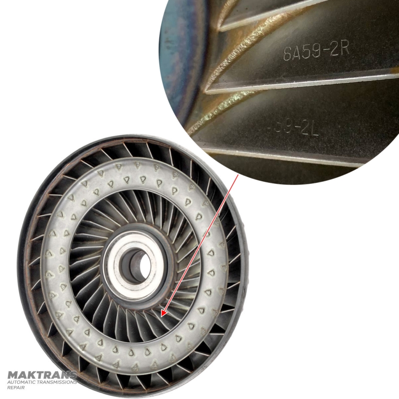 Mitsubishi R4A51, V4A51 Hydrauliktransformator-Pumpenrad – Zapfen beschädigt (muss ersetzt werden), RG-Kennzeichnung, Schaufelkennzeichnung 6A59-2R, 6A59-2L